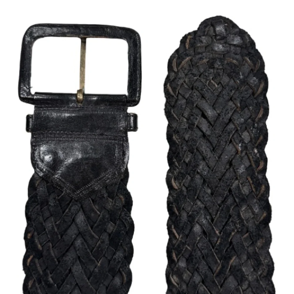 OMEGA | Vintage Wide Black Leather Braided Cinch Belt Boho Western Coastal Beach